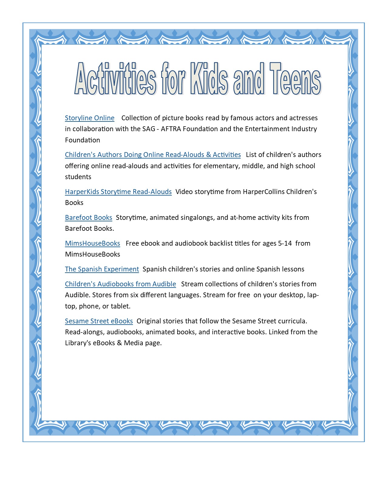 Activities for kids and teens