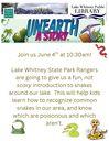 Join us June 4th at 1030 Lake Whitney State Park Rangers are going to give us a fun, not scary introduction to snakes around our lake. This will help kids learn how to recognize .png